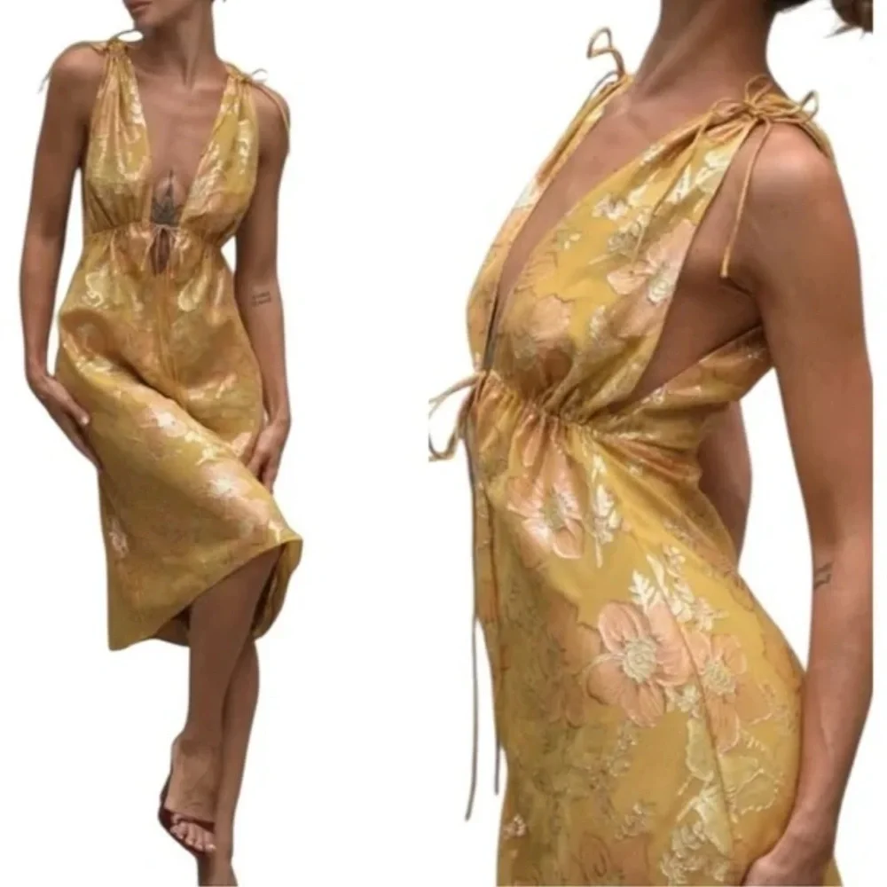 🔆 Rumored Gold Plunge Neck Midi Dress Paradise Golden Hour - Medium - Picture 2 of 6
